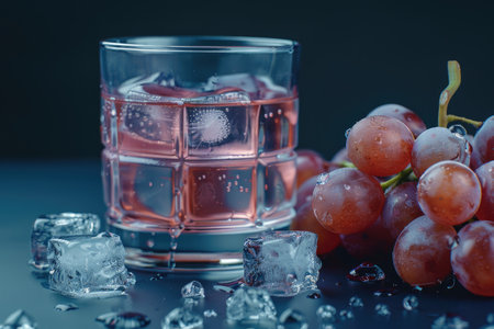 A close-up image showing a glass of pink drink with ice cubes and a bunch of grapes, capturing a refreshing summery scene.の素材