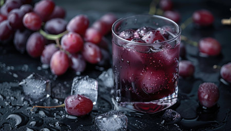 A close-up of a glass of red grape juice with ice cubes and grapes on a dark background.の素材
