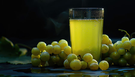 A glass of refreshing grape juice with a cluster of green grapes resting on a dark background.の素材