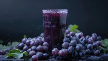 A close-up image of a glass of grape juice with fresh grapes and water droplets.の素材