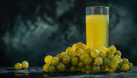 A close-up image of a glass of yellow juice next to a bunch of green grapes on a dark background.の素材