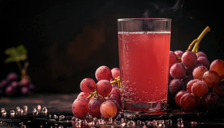 A glass of sparkling grape juice with grapes on a dark background.の素材