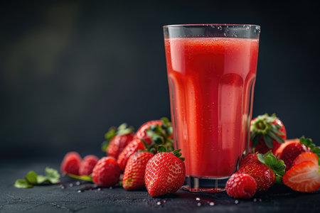 A glass of strawberry smoothie with fresh strawberries and leaves on a dark surface.の素材