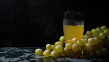 A still life image showcasing a bunch of green grapes and a glass of white wine on a black surface.の素材