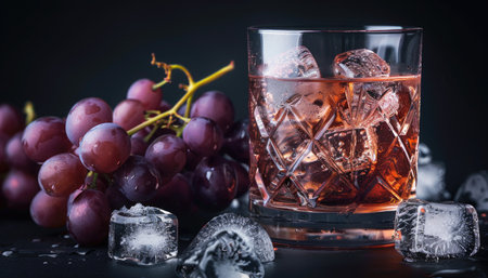 A close-up of a glass of red wine with ice cubes and grapes on a black background.の素材
