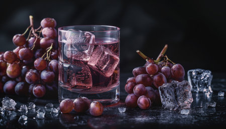 A glass of red grape juice with ice and grapes surrounding it on a dark background.の素材
