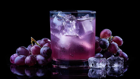 A glass of grape juice with ice cubes and grapes on a black background.の素材