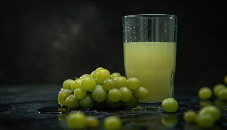 A glass of green grape juice next to a cluster of green grapes on a dark background.の素材