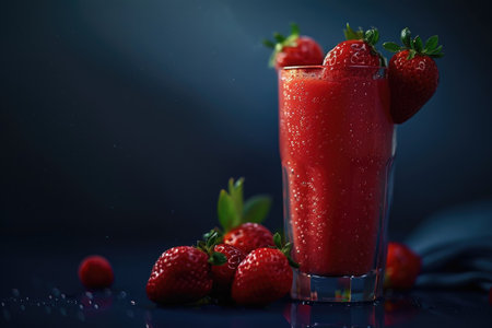 A close-up image of a glass filled with a strawberry smoothie and surrounded by fresh strawberries.の素材