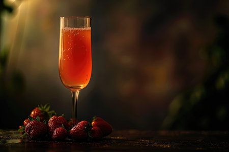 A glass of sparkling wine rests on a table with several fresh strawberries, illuminated by a warm light source.の素材