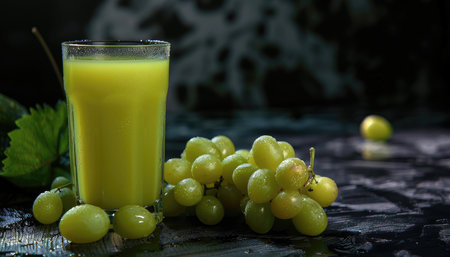 A glass of green grape juice, a bunch of green grapes, and a green leaf on a dark surface.の素材