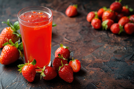 A glass of strawberry juice with fresh strawberries on a rustic background.の素材