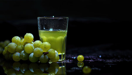 A still life featuring a glass of green grape juice and a bunch of grapes on a black surface.の素材