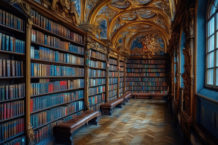 A photo of a library with tall shelves filled with books --ar 3:2 --stylize 250 --v 6.1 Job ID: 71689975-801a-4a6d-b668-c6cc2eaeda40の素材