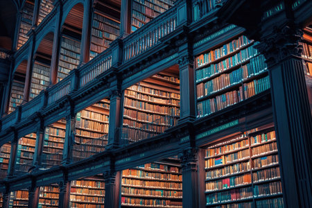 A photo of a library with tall shelves filled with books --ar 3:2 --stylize 250 --v 6.1 Job ID: bffad995-f8ce-4f87-b90e-b8ab3cfac776の素材