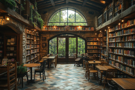 A photo of a library with wooden shelves filled with books. The shelves are lit from above. There are tables and chairs scattered around the space. In the background, there's a window with natural light. The floor is made of tiles. --ar 3:2 --stylize 750 --v 6.1 Job ID: 09d8c774-8156-4400-a27f-22b0b7998a9fの素材