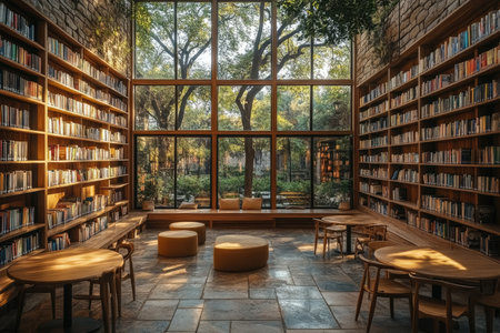 A photo of a library with wooden shelves filled with books. The shelves are lit from above. There are tables and chairs scattered around the space. In the background, there's a window with natural light. The floor is made of tiles. --ar 3:2 --stylize 750 --v 6.1 Job ID: 3e3004f7-3a90-467a-8467-e7c05c1760adの素材