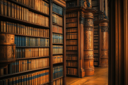 A photo of a library with tall shelves filled with books --ar 3:2 --stylize 250 --v 6.1 Job ID: c2b85a9e-273e-4c75-a5af-8fbd3ae83781の素材