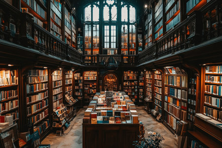 A photo of a library with tall shelves filled with books --ar 3:2 --stylize 250 --v 6.1 Job ID: 71689975-801a-4a6d-b668-c6cc2eaeda40の素材