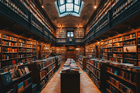 A photo of a library with tall shelves filled with books --ar 3:2 --stylize 250 --v 6.1 Job ID: e7857385-8c38-4e17-81af-8179fbfe1f07の素材