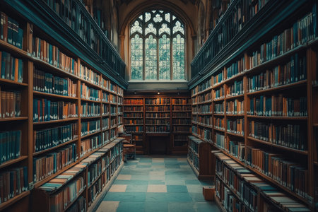 A photo of a library with tall shelves filled with books --ar 3:2 --stylize 250 --v 6.1 Job ID: 90c5af84-85eb-4a88-b991-1b77b2ec8941の素材