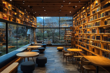 A photo of a library with wooden shelves filled with books. The shelves are lit from above. There are tables and chairs scattered around the space. In the background, there's a window with natural light. The floor is made of tiles. --ar 3:2 --stylize 750 --v 6.1 Job ID: 3e66cb49-5101-4461-90fb-decc0106fb07の素材