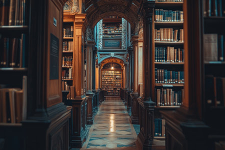A photo of a library with tall shelves filled with books --ar 3:2 --stylize 250 --v 6.1 Job ID: e7857385-8c38-4e17-81af-8179fbfe1f07の素材