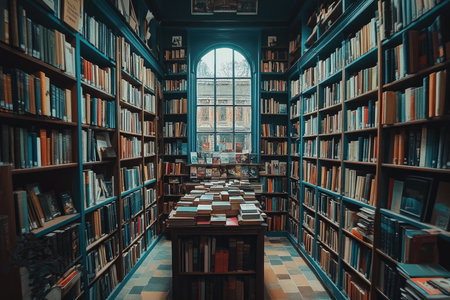 A photo of a library with tall shelves filled with books --ar 3:2 --stylize 250 --v 6.1 Job ID: 9b1023cf-e7a4-463f-a046-a3cdc8cc20caの素材