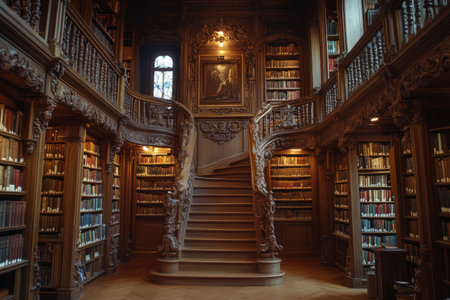 A photo of a library with tall shelves filled with books --ar 3:2 --stylize 250 --v 6.1 Job ID: 9004bf5d-194f-4545-b4c9-07b6d0b35d93の素材