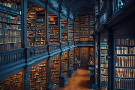 A photo of a library with tall shelves filled with books --ar 3:2 --stylize 250 --v 6.1 Job ID: a13d1560-438a-4b06-ab98-02fa4c33f0d3の素材