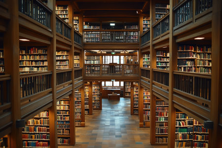 A photo of a library with tall shelves filled with books --ar 3:2 --stylize 250 --v 6.1 Job ID: 72f29009-dc84-4a4a-9ec2-e6a658a882e6の素材