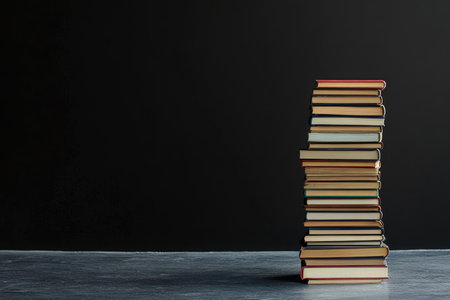 stack of new books on the right, empty space, black background --ar 3:2 --stylize 250 --v 6.1 Job ID: a3bbf05d-0b4b-4e4d-931f-1684193122cdの素材
