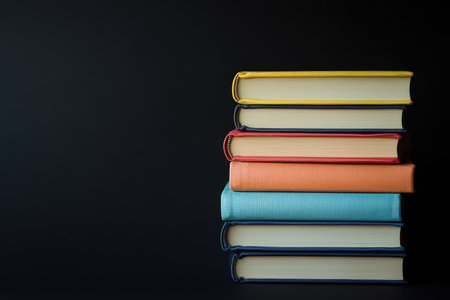 stack of new books on the right, empty space, black background --ar 3:2 --stylize 250 --v 6.1 Job ID: 22685645-4023-464b-b2b2-e6f33e001f6eの素材