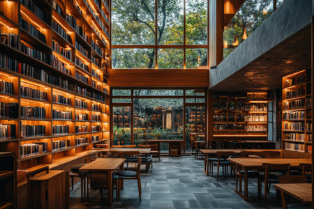 A photo of a library with wooden shelves filled with books. The shelves are lit from above. There are tables and chairs scattered around the space. In the background, there's a window with natural light. The floor is made of tiles. --ar 3:2 --stylize 250 --v 6.1 Job ID: 4ed850ca-adaf-42f7-b0b7-f8b033dc7c49の素材
