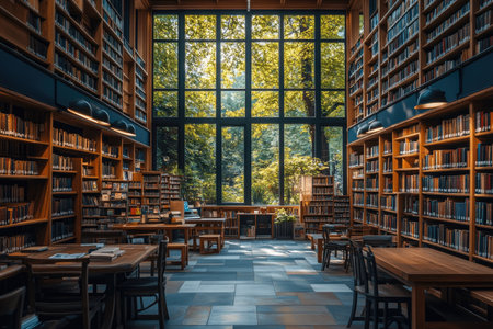 A photo of a library with wooden shelves filled with books. The shelves are lit from above. There are tables and chairs scattered around the space. In the background, there's a window with natural light. The floor is made of tiles. --ar 3:2 --stylize 750 --v 6.1 Job ID: a909a0b6-e70f-44fe-b0da-924d67bfa41cの素材