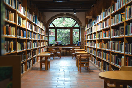 A photo of a library with wooden shelves filled with books. The shelves are lit from above. There are tables and chairs scattered around the space. In the background, there's a window with natural light. The floor is made of tiles. --ar 3:2 --stylize 250 --v 6.1 Job ID: a5f252de-4ffa-41f8-9677-3fc60483b9ddの素材