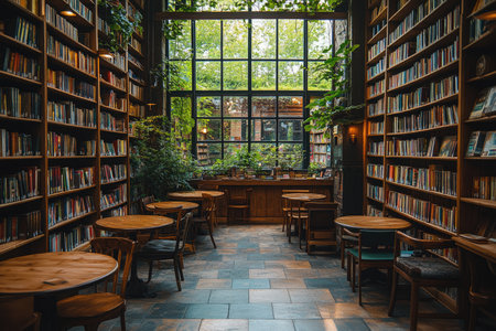 A photo of a library with wooden shelves filled with books. The shelves are lit from above. There are tables and chairs scattered around the space. In the background, there's a window with natural light. The floor is made of tiles. --ar 3:2 --stylize 750 --v 6.1 Job ID: a2c96048-d81c-484a-8ab3-50ce61a338b1の素材