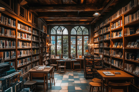 A photo of a library with wooden shelves filled with books. The shelves are lit from above. There are tables and chairs scattered around the space. In the background, there's a window with natural light. The floor is made of tiles. --ar 3:2 --stylize 250 --v 6.1 Job ID: c66fa1b5-6bf8-4edb-b880-238558fcece6の素材