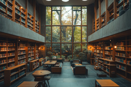 A photo of a library with wooden shelves filled with books. The shelves are lit from above. There are tables and chairs scattered around the space. In the background, there's a window with natural light. The floor is made of tiles. --ar 3:2 --stylize 750 --v 6.1 Job ID: f69e3cde-71b8-4167-9416-40b3d9464e76の素材