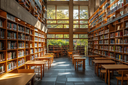 A photo of a library with wooden shelves filled with books. The shelves are lit from above. There are tables and chairs scattered around the space. In the background, there's a window with natural light. The floor is made of tiles. --ar 3:2 --stylize 250 --v 6.1 Job ID: c2a627f0-9c4b-43c8-aed3-f2c45cc868a7の素材