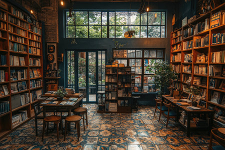 A photo of a library with wooden shelves filled with books. The shelves are lit from above. There are tables and chairs scattered around the space. In the background, there's a window with natural light. The floor is made of tiles. --ar 3:2 --stylize 750 --v 6.1 Job ID: ae4d60df-4afb-443e-ae88-b5d3d8334296の素材