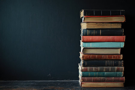 stack of new books on the right, empty space, black background --ar 3:2 --stylize 250 --v 6.1 Job ID: 2d9f9a3a-a9f2-441a-9d4b-d36a906b7848の素材