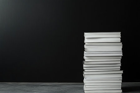 stack of new books on the right, empty space, black background --ar 3:2 --stylize 250 --v 6.1 Job ID: 26d47fb0-e9b6-4238-b786-7581822779ddの素材