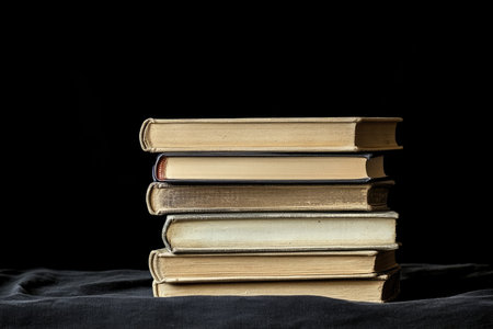 stack of new books on the right, empty space, black background --ar 3:2 --stylize 250 --v 6.1 Job ID: 4d8ef2f0-d116-44ba-841d-e61c37ffd3ebの素材