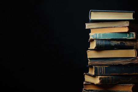 stack of books on the right, empty space, black background --ar 3:2 --stylize 250 --v 6.1 Job ID: 53e10fc1-5b11-4045-bd19-740357f4c3beの素材