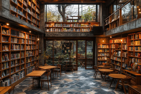 A photo of a library with wooden shelves filled with books. The shelves are lit from above. There are tables and chairs scattered around the space. In the background, there's a window with natural light. The floor is made of tiles. --ar 3:2 --stylize 750 --v 6.1 Job ID: ddadba38-880d-4703-bb72-a1b1cce02574の素材