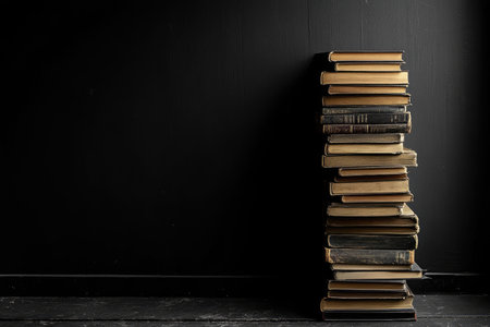 stack of new books on the right, empty space, black background --ar 3:2 --stylize 250 --v 6.1 Job ID: 2d9f9a3a-a9f2-441a-9d4b-d36a906b7848の素材