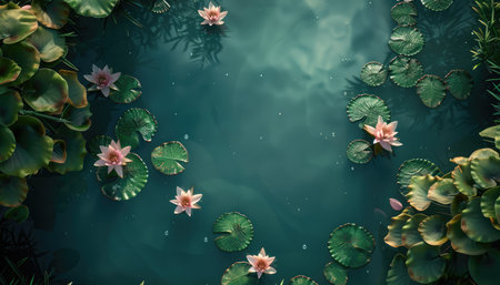 A tranquil pond with lily pads and water lilies floating on the surface, creating an enchanting scene of nature's beauty. High-resolution photography, high-quality render, top view, bird's-eye view, bird's-eye perspective, boho style, green leaves, pink flowers, Canon EOS R5. --ar 7:4 --v 6 Job ID: a0980e8e-3199-4c78-aa69-26be69da270dの素材