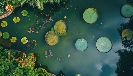 An aerial view of a pond with large lily pads floating on the surface.の素材