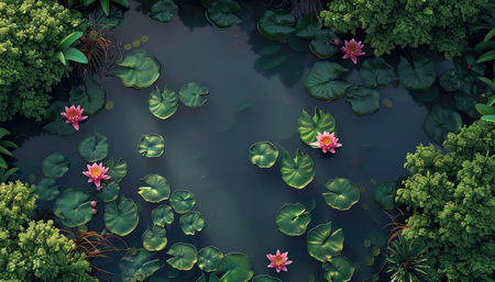 A tranquil pond with lily pads and water lilies floating on the surface, creating an enchanting scene of nature's beauty. High-resolution photography, high-quality render, top view, bird's-eye view, bird's-eye perspective, boho style, green leaves, pink flowers, Canon EOS R5. --ar 7:4 --v 6 Job ID: efb89318-5937-44ab-9f8e-0b519b18c982の素材
